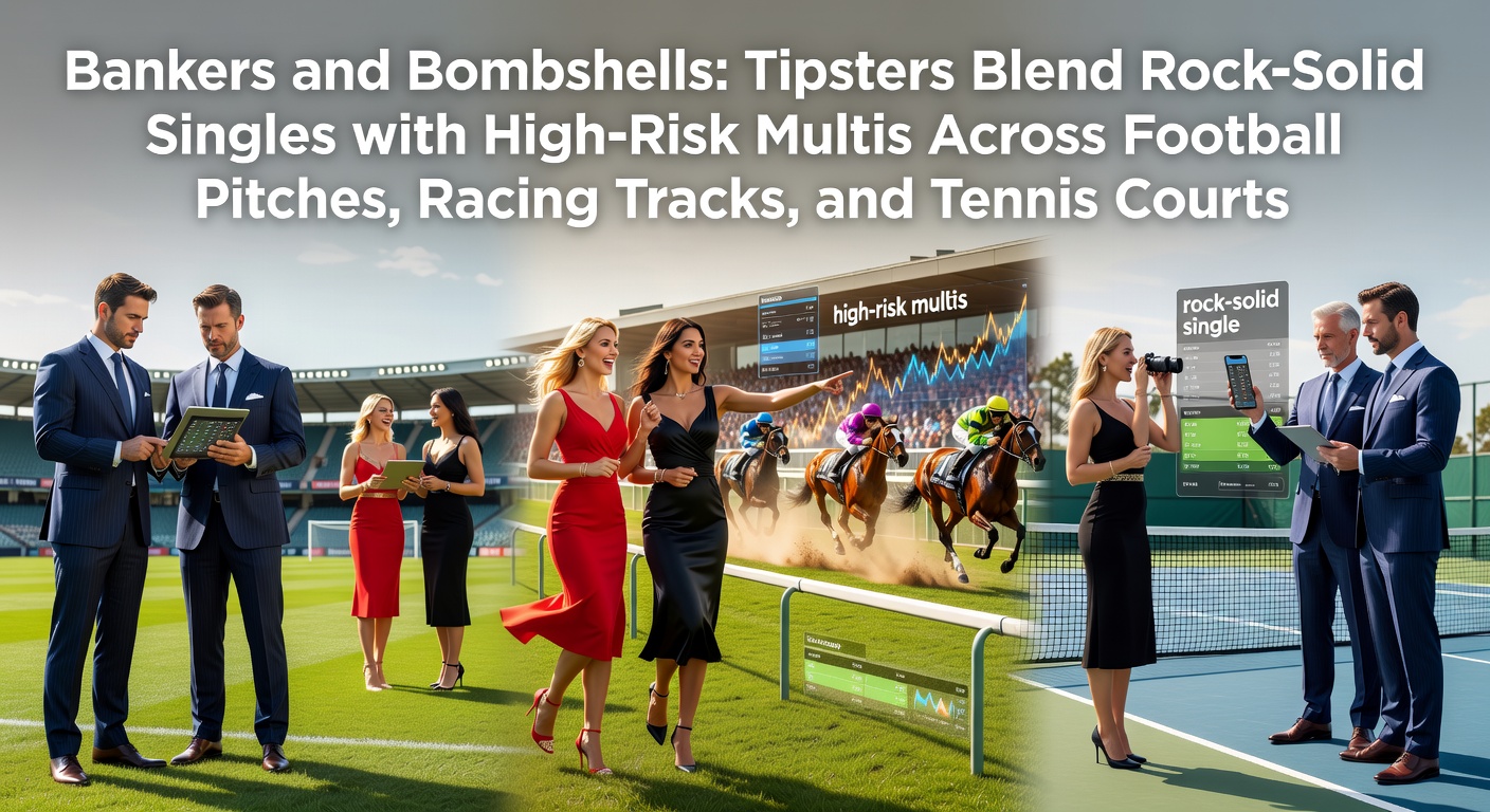 Tipster analyzing football match odds alongside horse racing forms and tennis player stats on a multi-screen setup