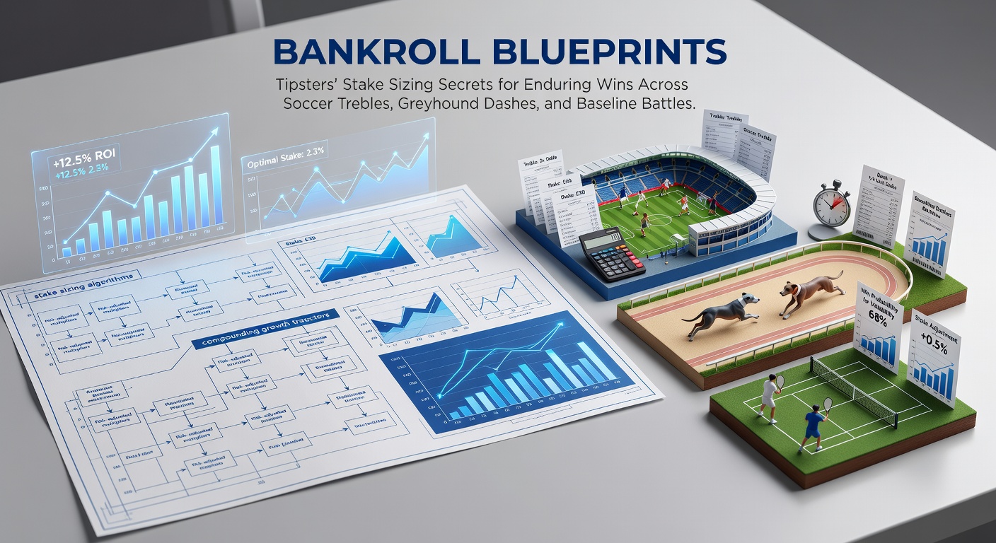 Chart showing bankroll growth curves overlaid with soccer trebles, greyhound race traps, and tennis match timelines, highlighting stake sizing impacts
