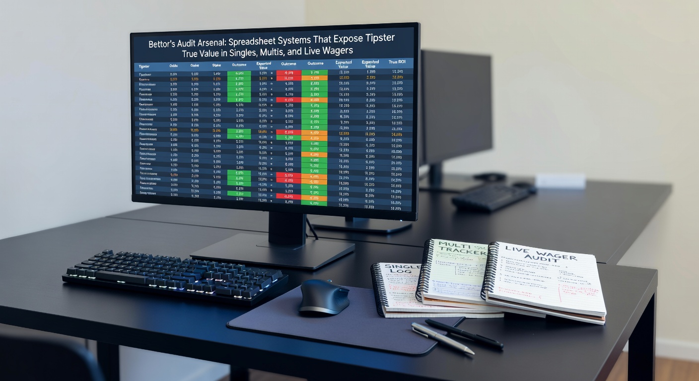 Detailed screenshot of a customized Excel spreadsheet displaying columns for tipster bets including date, odds, stake, outcome, profit, and ROI calculations across singles and multis