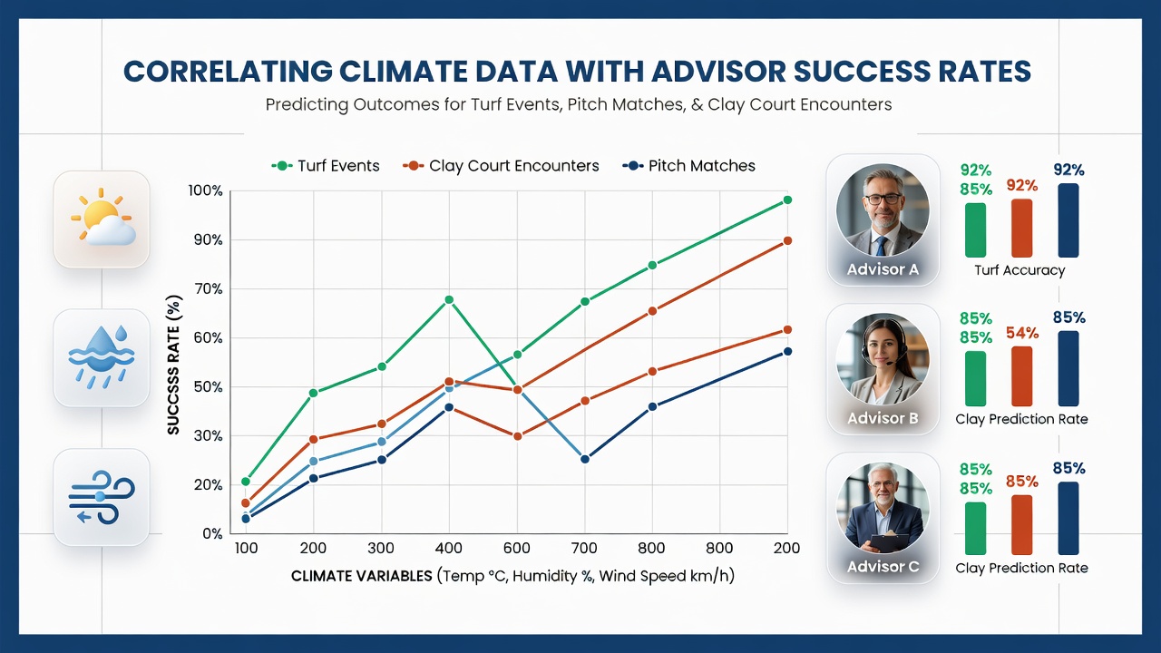 Climate data overlays on sports venue maps showing turf, pitch, and clay court conditions