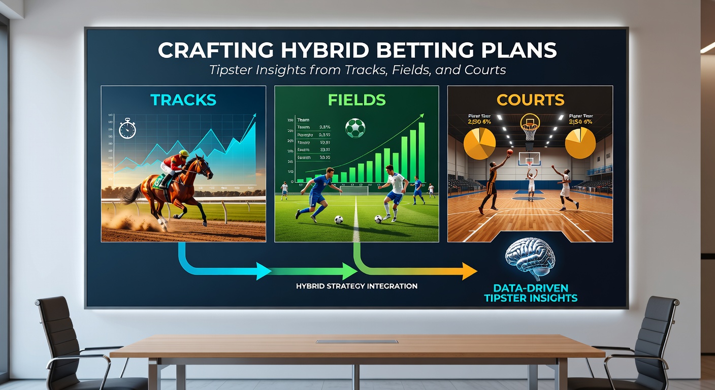 A dynamic split-image showing a horse racing track, a football field under lights, and a tennis court during a match, symbolizing hybrid betting across sports