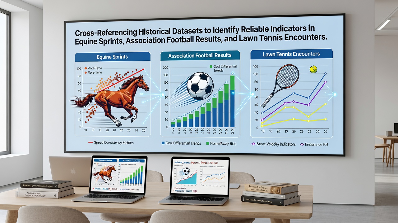 Researchers analyzing historical performance datasets from horse racing, football, and tennis on multiple computer screens