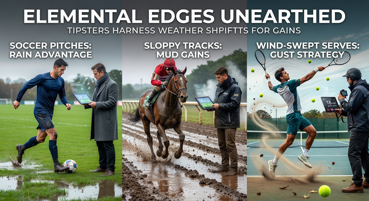 Tipster reviewing weather forecasts overlaid on a soccer pitch map, highlighting rain-affected zones for betting edges