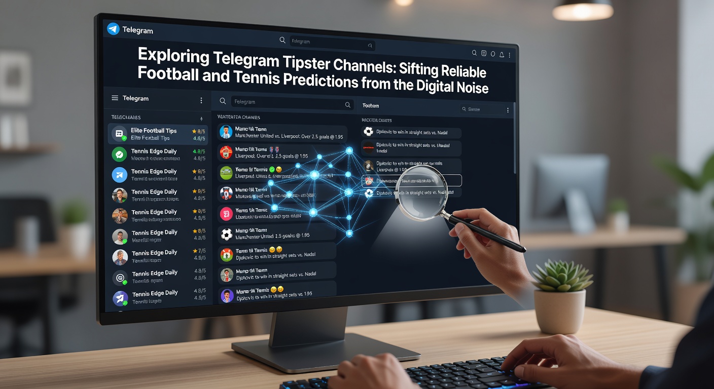 Smartphone screen displaying Telegram channels filled with football match predictions and tennis betting tips, surrounded by chat notifications and odds screenshots