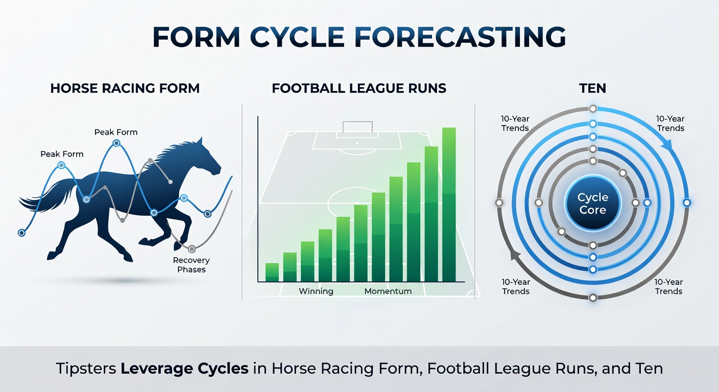 Split infographic displaying football team win streaks, a tennis player's match win cycle, and horse form line chart with predictive overlays