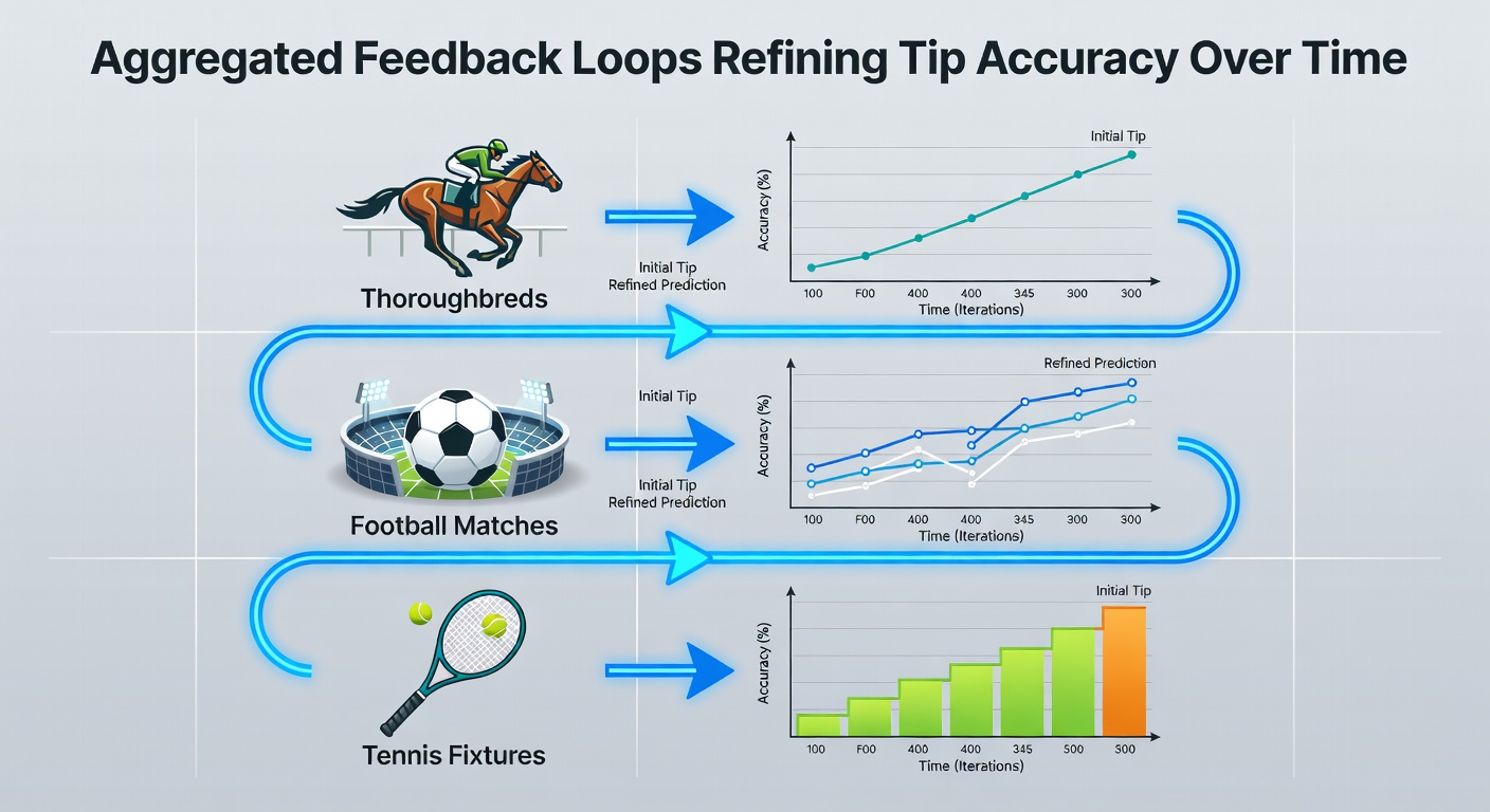 Diagram showing feedback loop process in sports tip aggregation across horse racing, football, and tennis