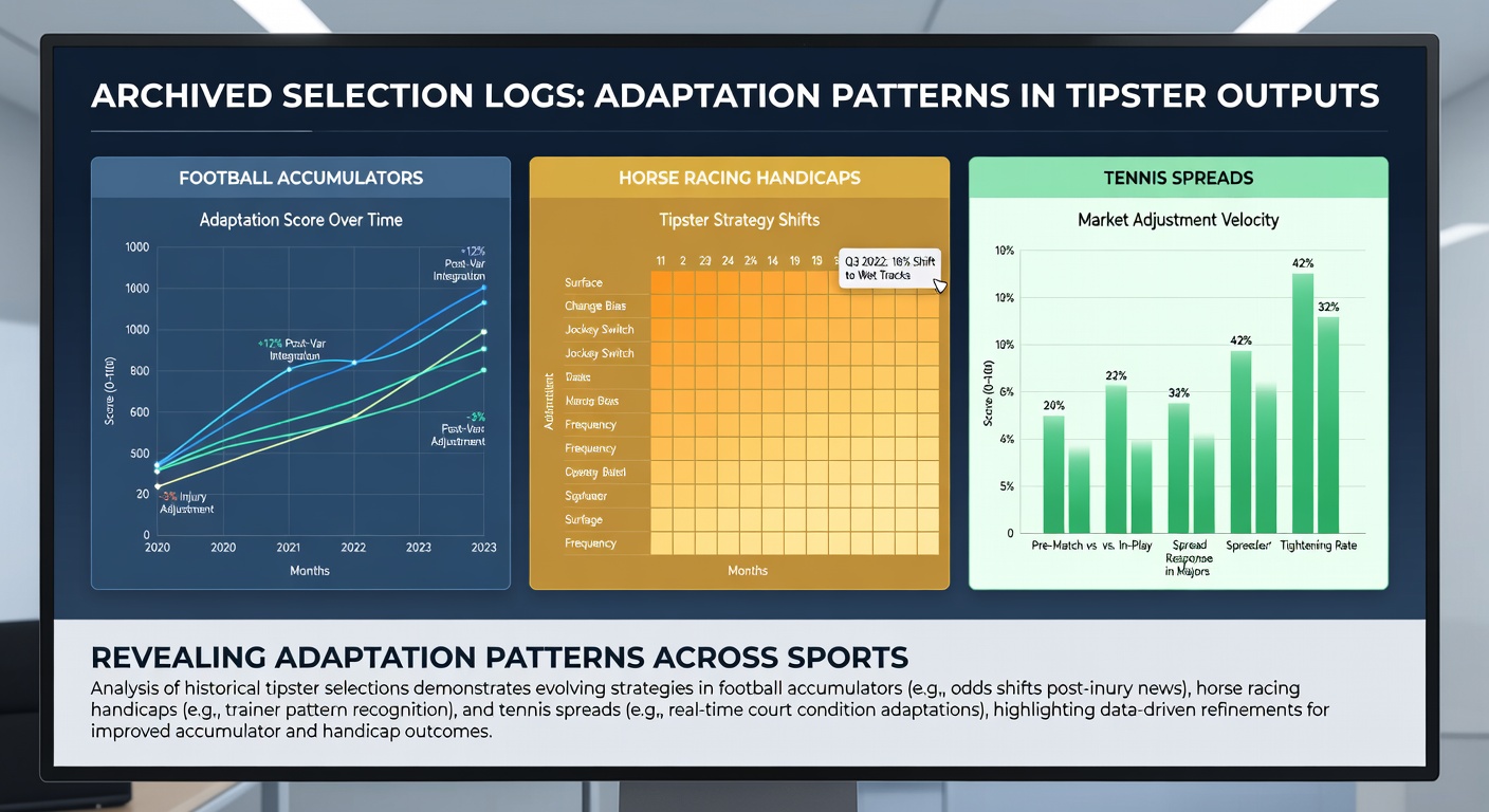 Archived tipster selection logs displayed on digital screens showing football accumulator trends alongside horse racing handicap data