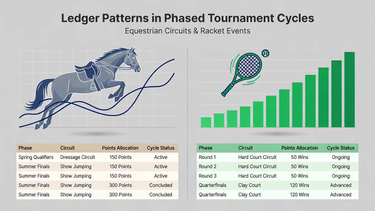 Ledger tracking systems used in equestrian circuits and racket tournament phases
