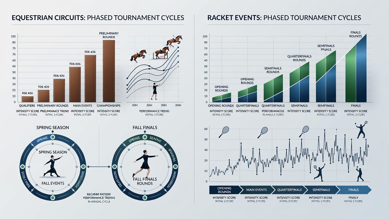 Sample ledger entries showing performance metrics from racket event phases and equestrian tournament cycles