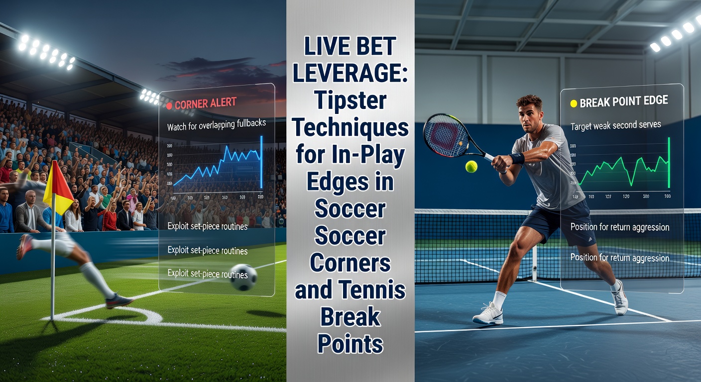 Dynamic in-play betting screen showing live soccer match with corner count overlay and tennis scoreboard highlighting break point opportunities