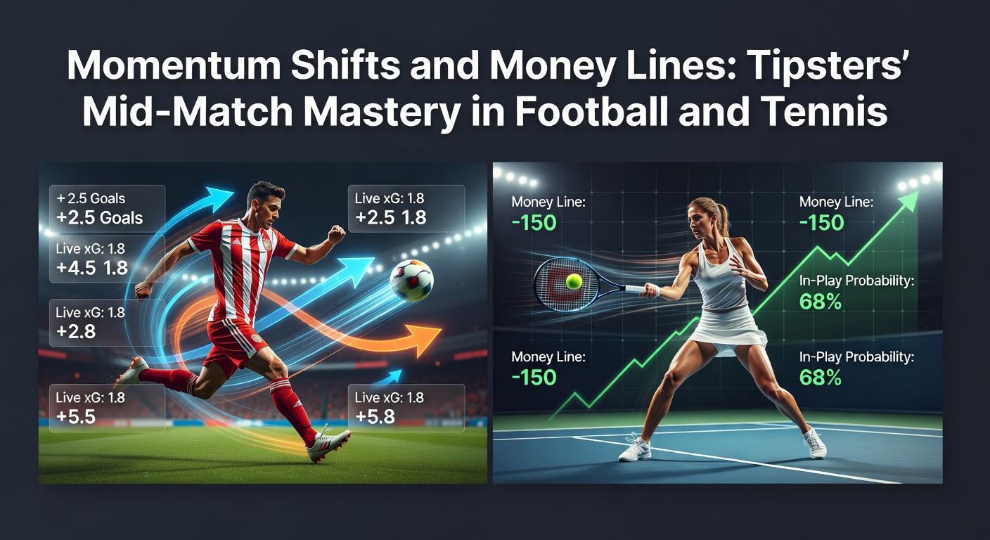 A dynamic split-screen image showing a tense football match with players chasing a momentum swing alongside a tennis rally where the server fights back mid-set, highlighting live betting intensity