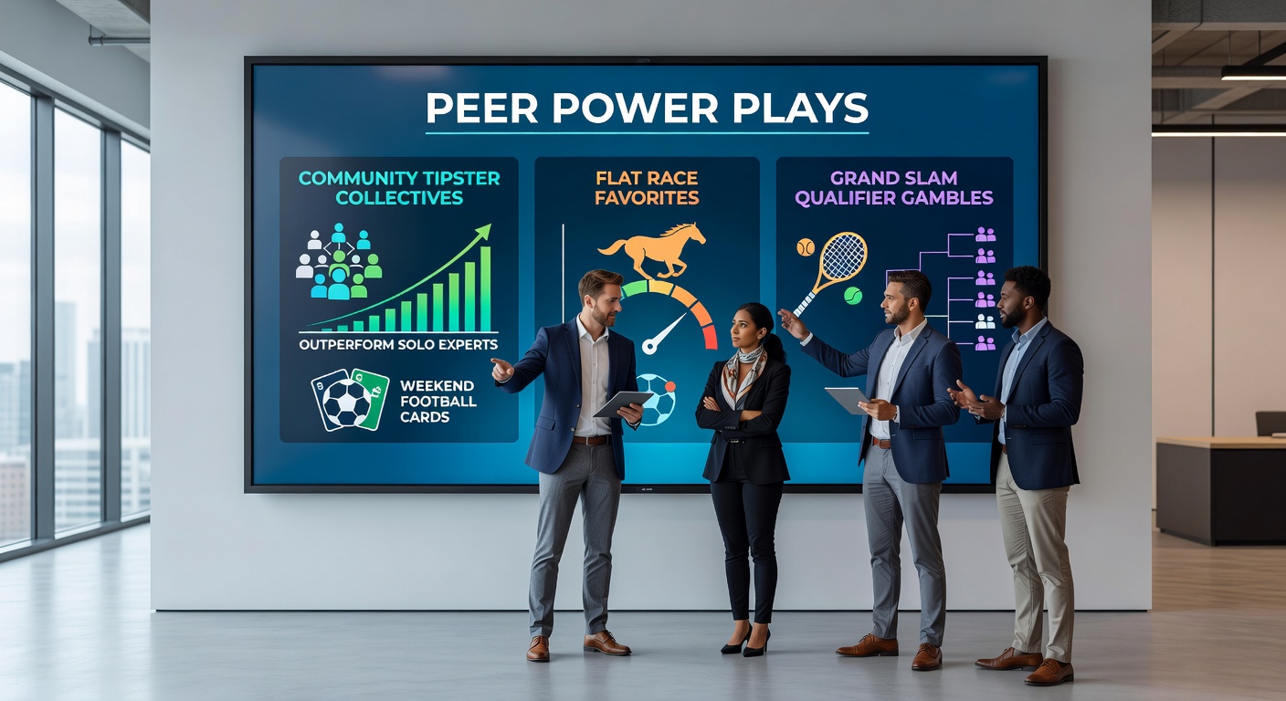 Community tipsters collaborating on a digital board, analyzing weekend football matches alongside horse racing forms and tennis qualifier odds