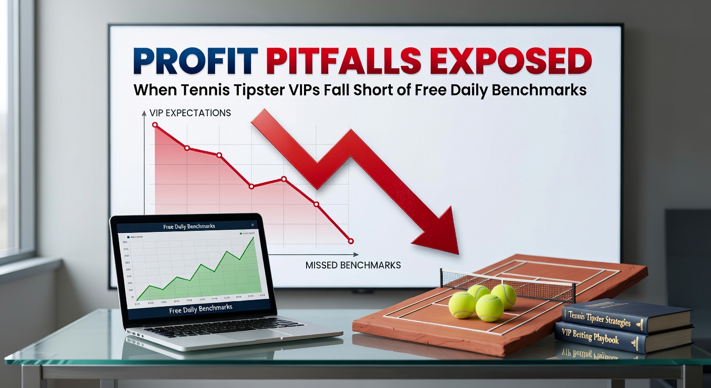 Close-up of a tennis match point with overlaid betting odds and profit graphs comparing free versus VIP tip performance during a recent grand slam