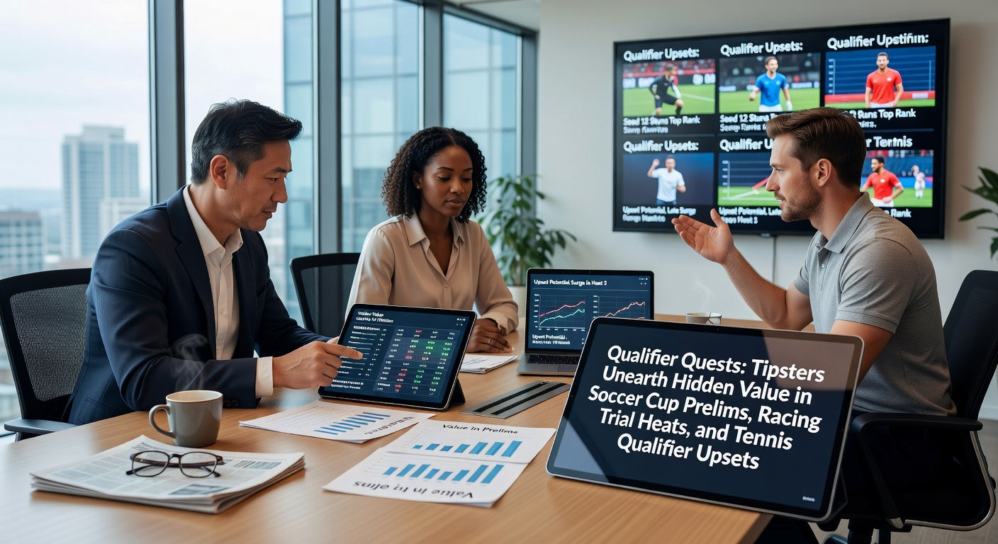 Tipster reviewing data on soccer cup prelims, horse racing trial heats, and tennis qualifier matches on a laptop screen during a busy March betting window
