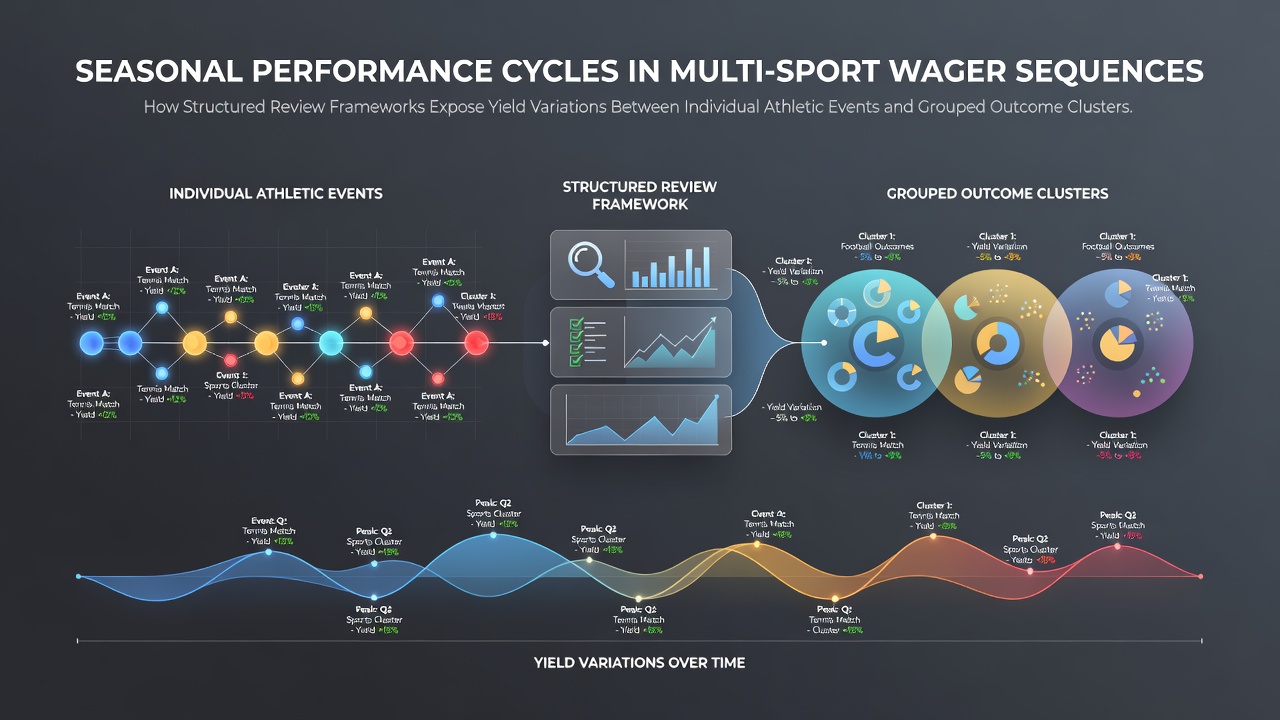 Data visualization showing seasonal yield patterns across sports betting sequences with charts comparing single events and outcome clusters
