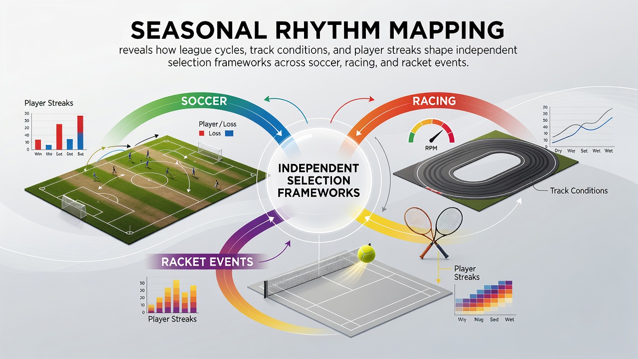 Visual representation of seasonal rhythm mapping across soccer leagues, horse racing tracks, and tennis courts with data overlays