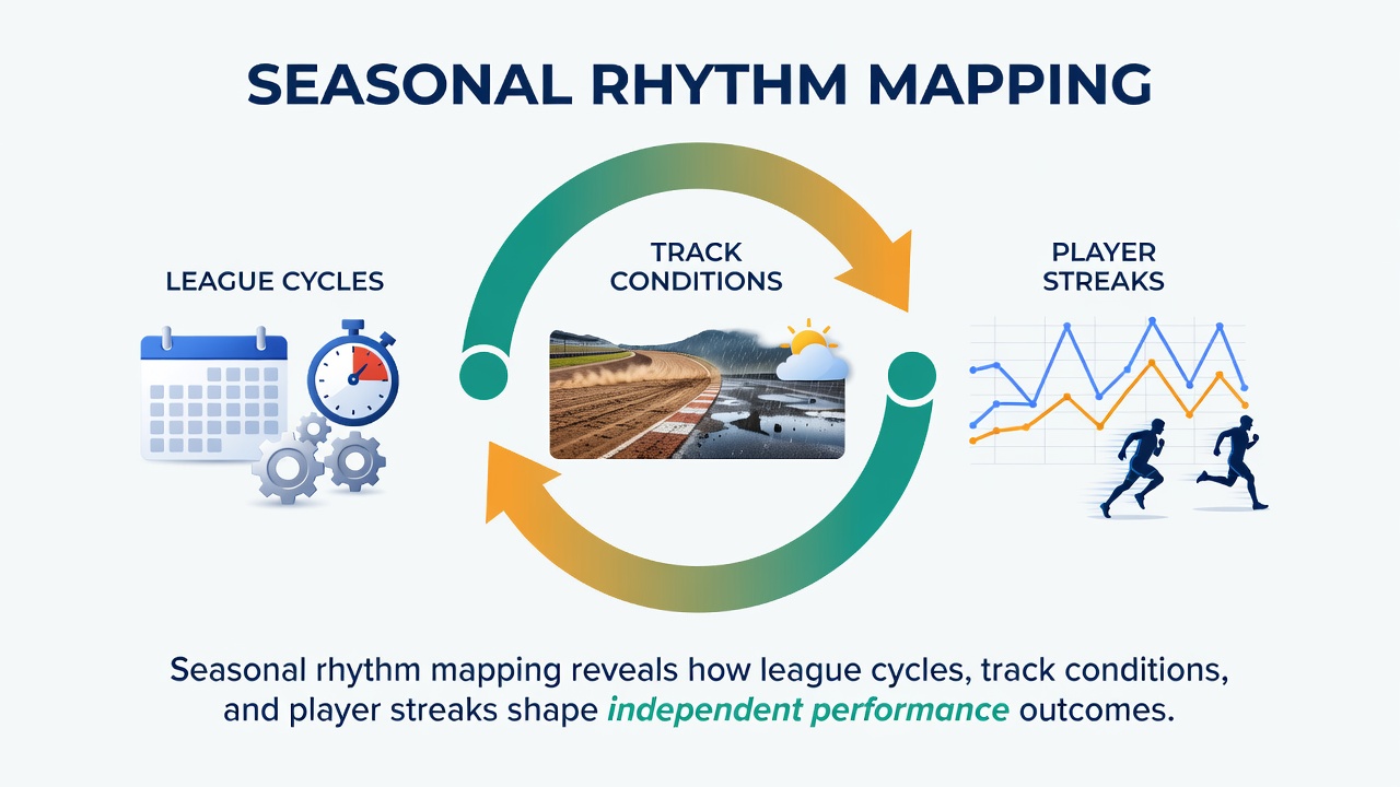 Detailed charts showing track condition fluctuations, player streak durations, and league cycle phases used in cross-sport selection analysis