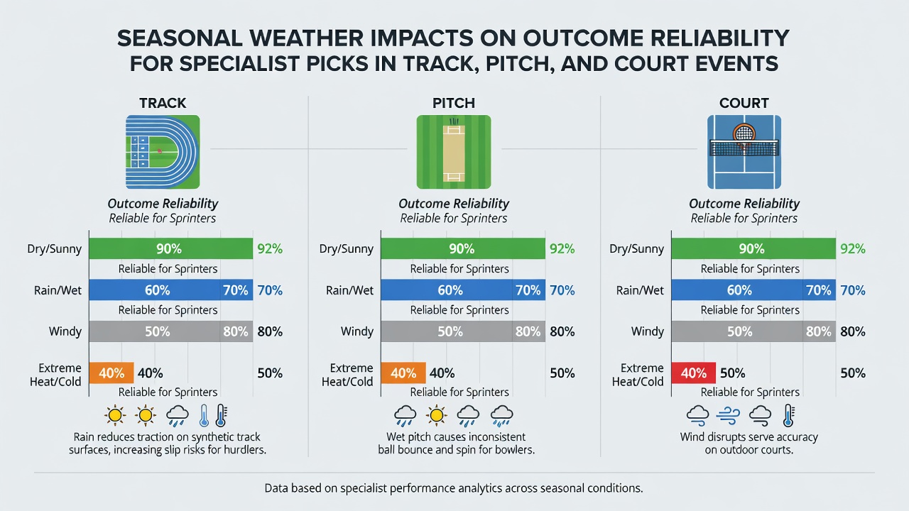 Data charts showing performance shifts in track, pitch, and court sports linked to seasonal weather