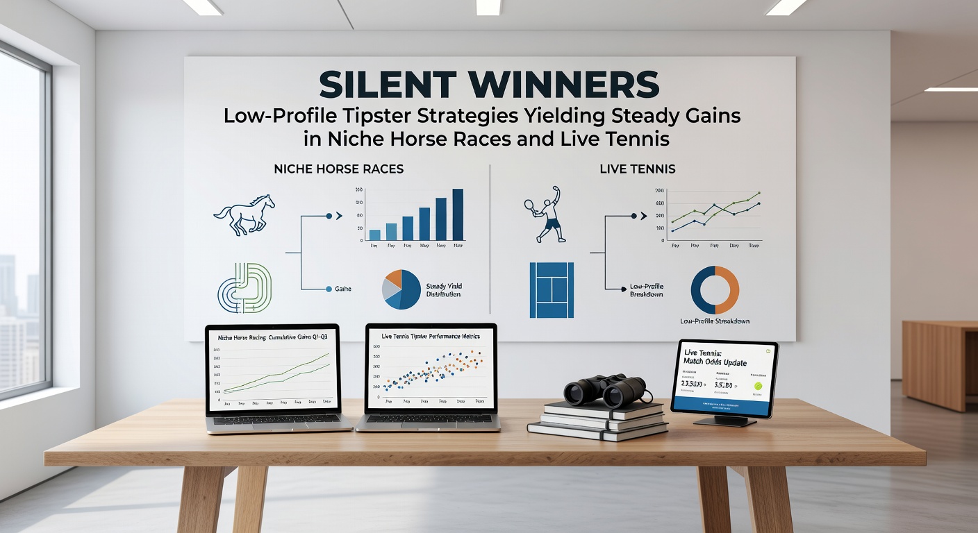 Dashboard displaying steady profit curves from low-profile tipster picks in obscure horse races and live tennis matches