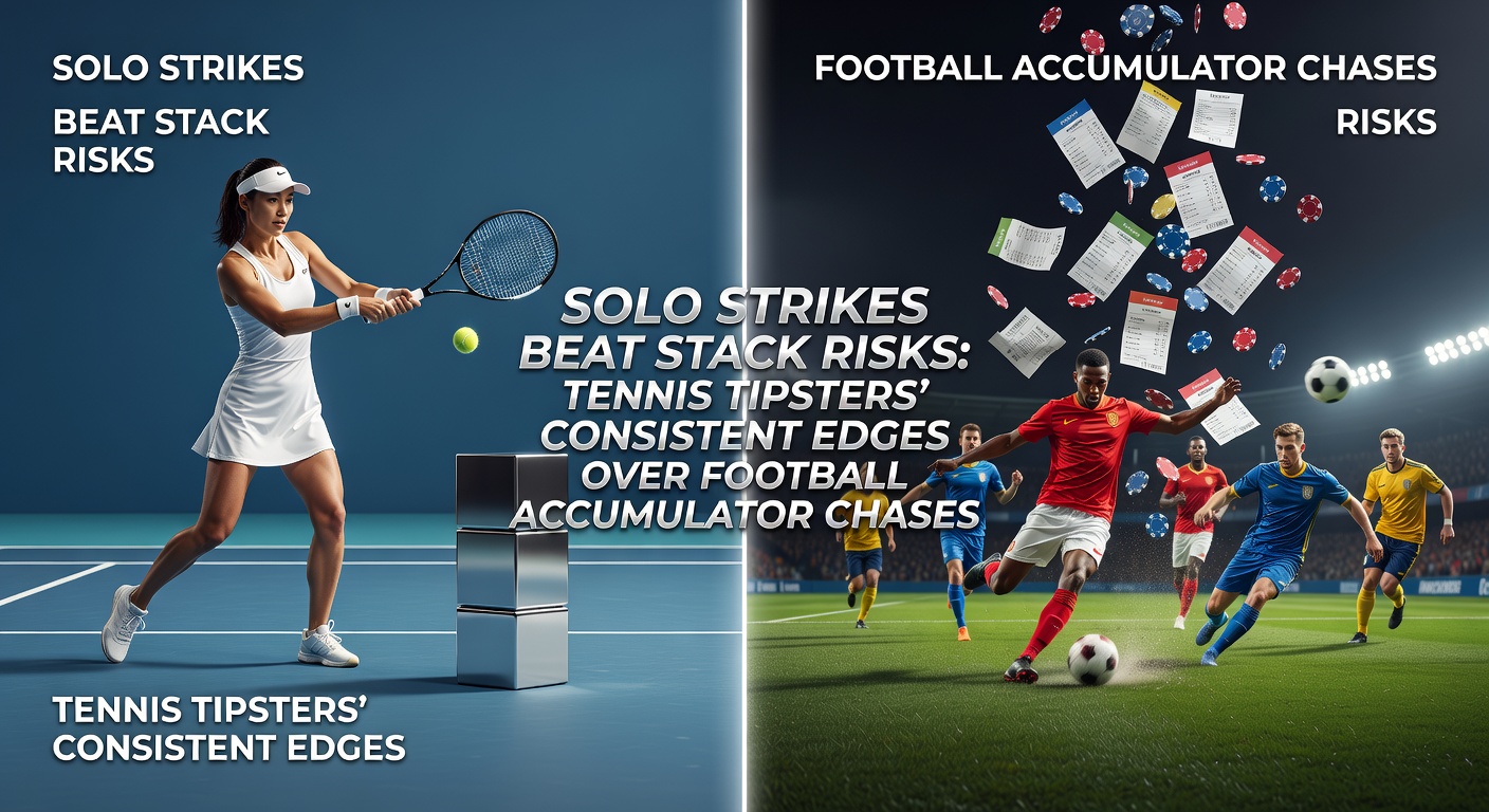 Tennis player executing a powerful solo strike on court, contrasting with stacked football accumulator odds board