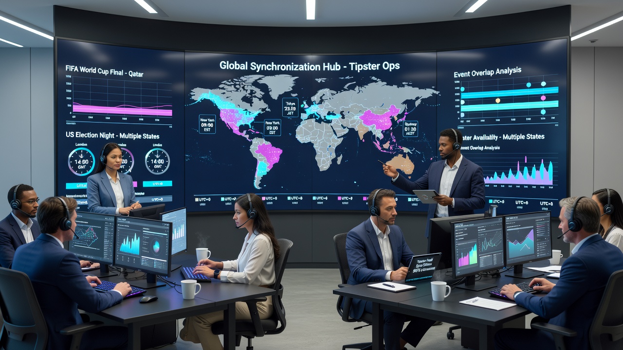 Tipster coordination dashboard displaying synchronized schedules across multiple time zones