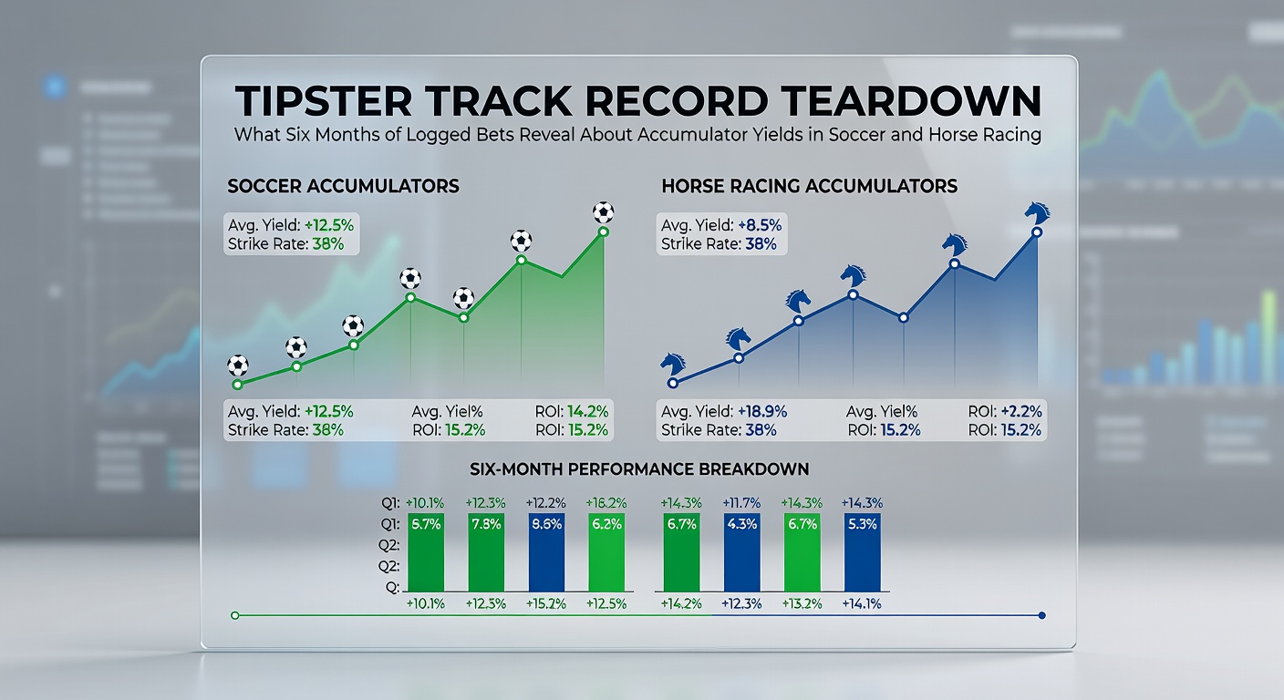 Graph showing accumulator yield trends over six months in soccer and horse racing, with bars comparing positive and negative returns