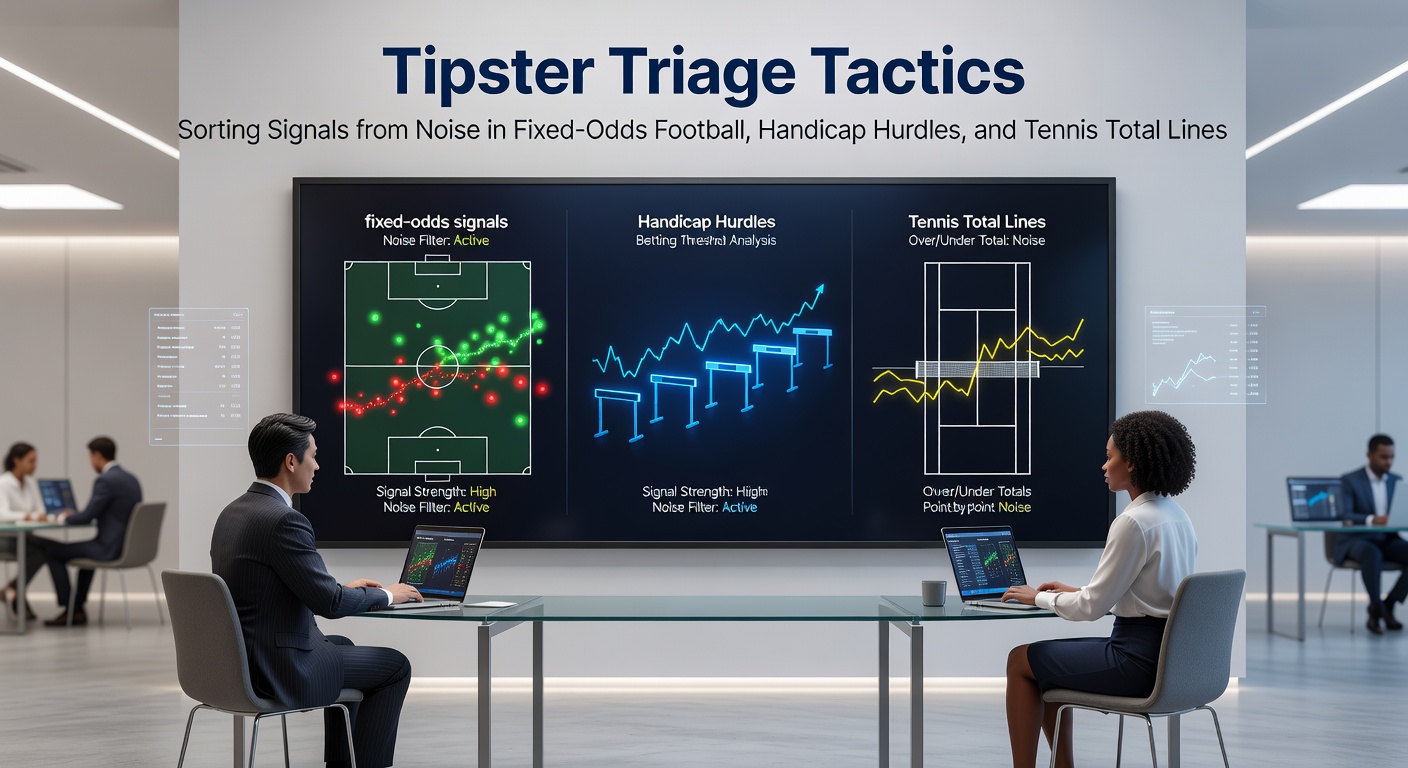 Tipster reviewing charts and odds screens for football matches, horse races, and tennis totals, highlighting key data points amid cluttered tip feeds