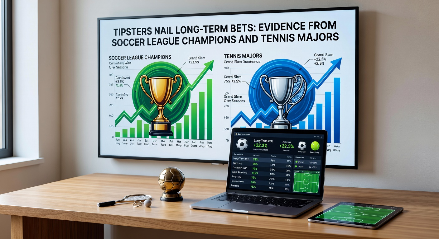 Tipster reviewing soccer league tables and tennis major futures odds on a digital dashboard, highlighting long-term prediction accuracy