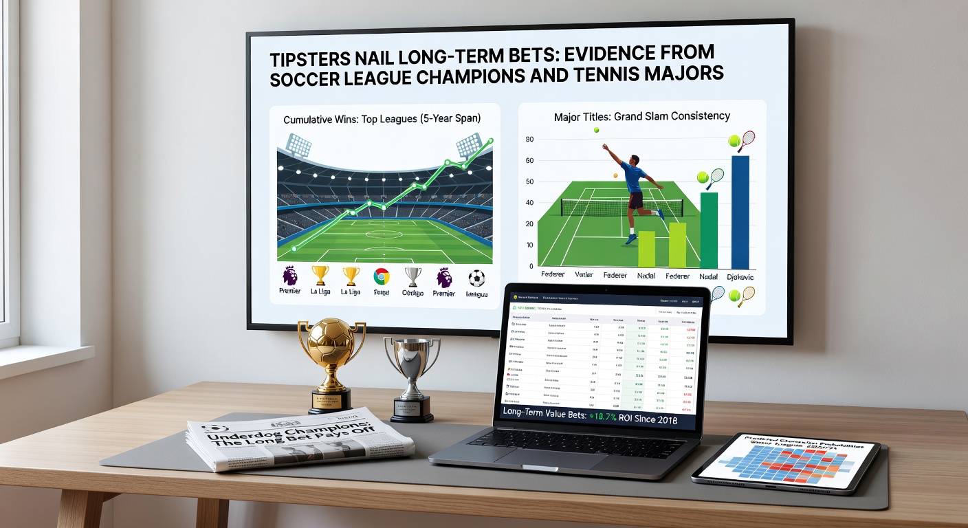Tennis player celebrating a major victory on clay courts, with overlaid graphics showing tipster profit charts from grand slam futures