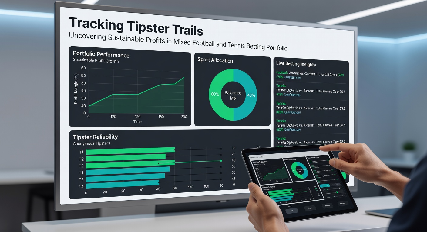 Dashboard screenshot of a tipster tracking tool displaying football match predictions alongside tennis player stats and portfolio ROI charts
