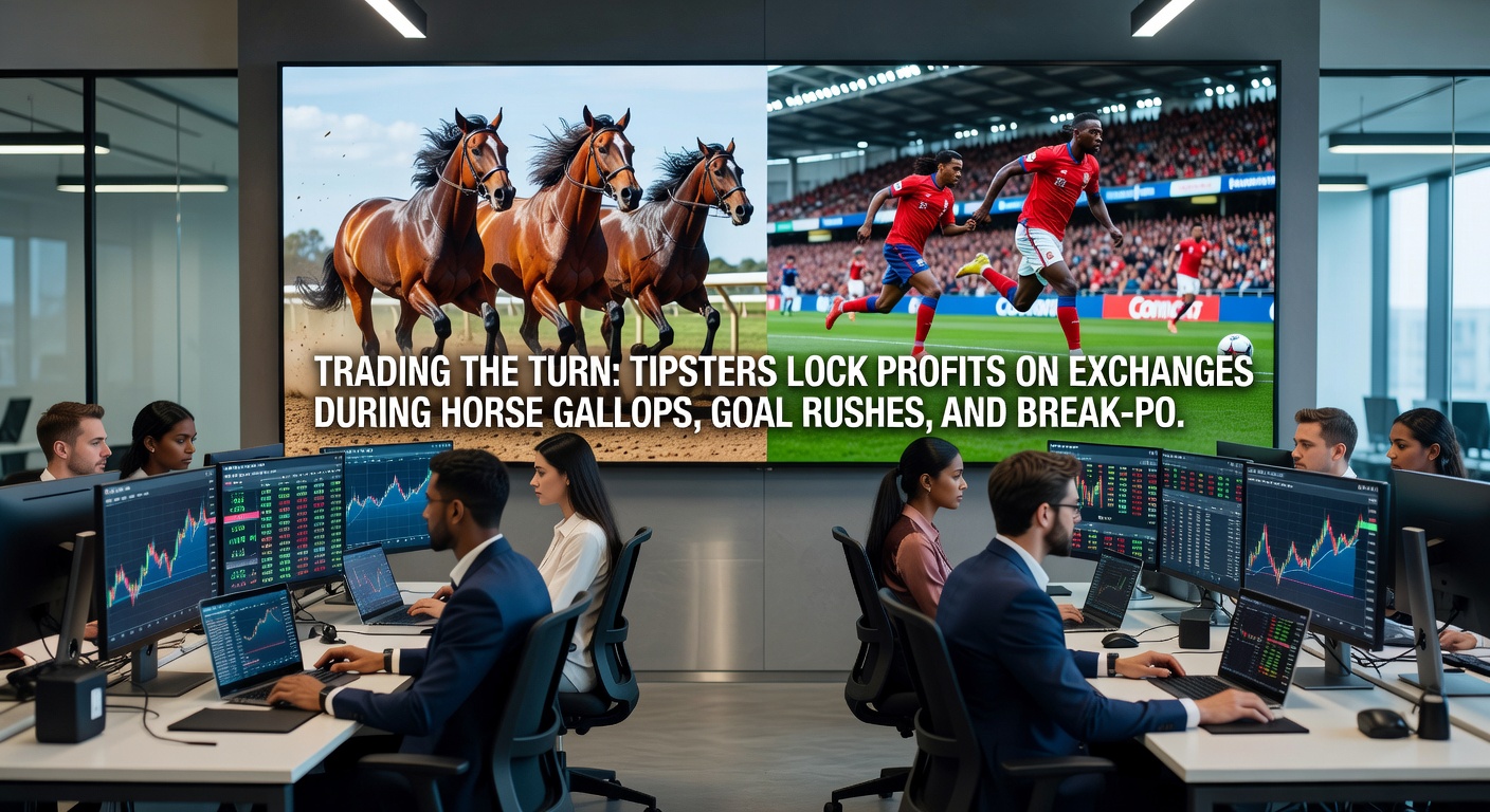 Soccer match intensity with goal rush, betting exchange screen overlay showing live odds plunge